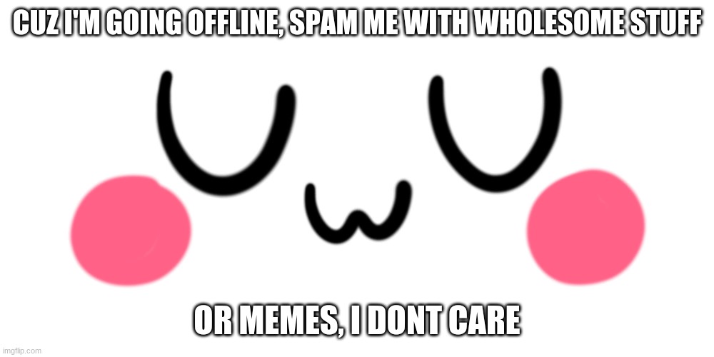 E | CUZ I'M GOING OFFLINE, SPAM ME WITH WHOLESOME STUFF; OR MEMES, I DONT CARE | image tagged in uwu,reeeeeeeeeeeeeeeeeeeeee,yeeee | made w/ Imgflip meme maker