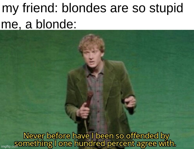 Never before have I been so offended by something I one hundred | my friend: blondes are so stupid; me, a blonde: | image tagged in never before have i been so offended by something i one hundred | made w/ Imgflip meme maker