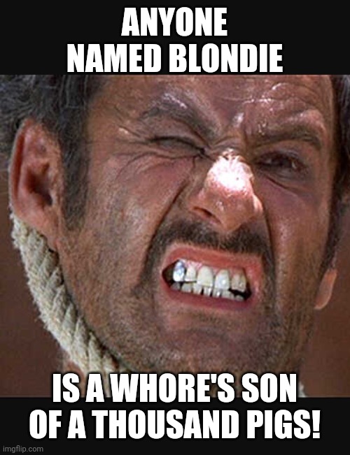 Tuco | ANYONE NAMED BLONDIE IS A WHORE'S SON OF A THOUSAND PIGS! | image tagged in tuco | made w/ Imgflip meme maker