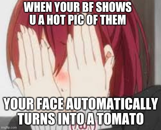 Pretty Much What Happens To Me When This Happens- | WHEN YOUR BF SHOWS U A HOT PIC OF THEM; YOUR FACE AUTOMATICALLY TURNS INTO A TOMATO | image tagged in anime meme | made w/ Imgflip meme maker