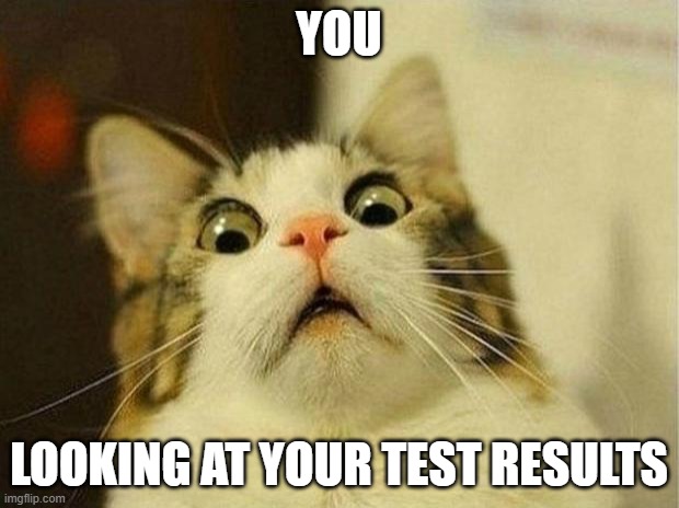 tel 2 us | YOU; LOOKING AT YOUR TEST RESULTS | image tagged in memes,scared cat | made w/ Imgflip meme maker