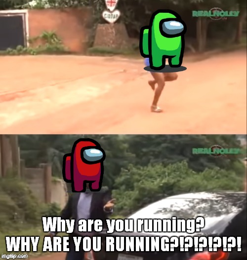 The stuff is true | Why are you running?
WHY ARE YOU RUNNING?!?!?!?!?! | image tagged in why are you running,among us,red,lime | made w/ Imgflip meme maker