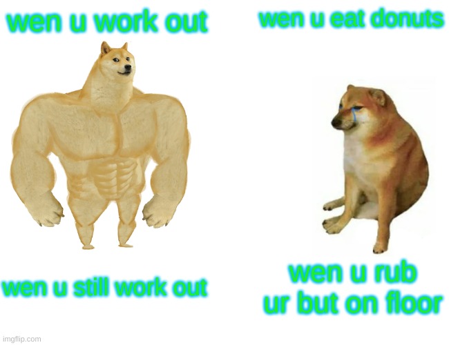 sumthin | wen u work out; wen u eat donuts; wen u still work out; wen u rub ur but on floor | image tagged in memes,buff doge vs cheems | made w/ Imgflip meme maker
