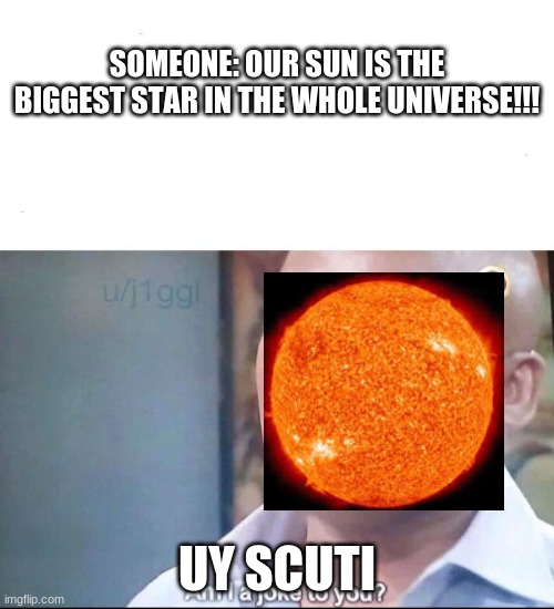 Search up UY Scuti | SOMEONE: OUR SUN IS THE BIGGEST STAR IN THE WHOLE UNIVERSE!!! UY SCUTI | image tagged in am i a joke to you | made w/ Imgflip meme maker