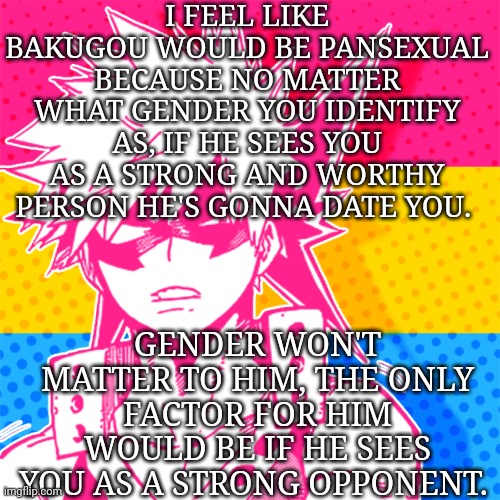 BNHA Headcanon | I FEEL LIKE BAKUGOU WOULD BE PANSEXUAL BECAUSE NO MATTER WHAT GENDER YOU IDENTIFY AS, IF HE SEES YOU AS A STRONG AND WORTHY PERSON HE'S GONNA DATE YOU. GENDER WON'T MATTER TO HIM, THE ONLY FACTOR FOR HIM WOULD BE IF HE SEES YOU AS A STRONG OPPONENT. | image tagged in pansexual bakugou,bakugou,pansexual,my hero academia,lgbtq,anjme | made w/ Imgflip meme maker