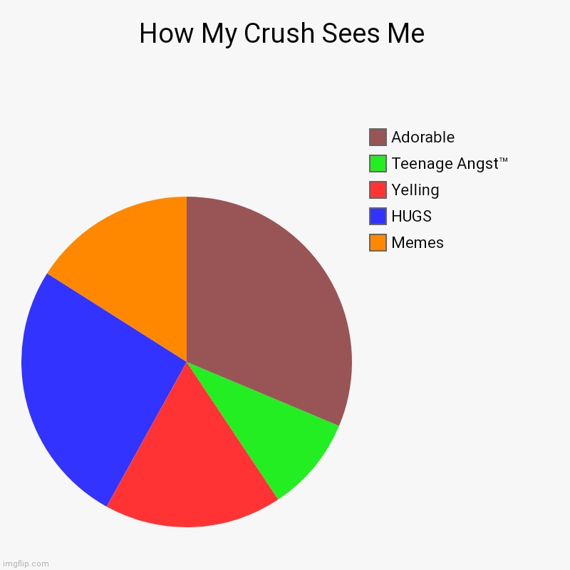 How My Crush Sees Me | Memes, HUGS, Yelling, Teenage Angst™, Adorable | image tagged in charts,pie charts | made w/ Imgflip chart maker