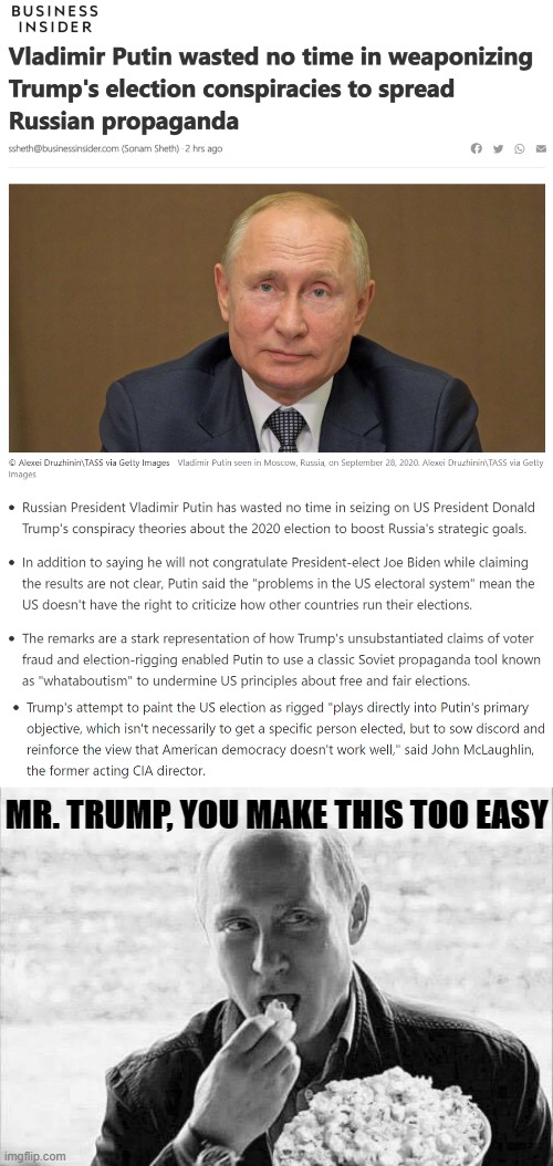 When it comes to undermining democracy, does Putin even have to do any work at this point? | MR. TRUMP, YOU MAKE THIS TOO EASY | image tagged in vladimir putin wasted no time,putin popcorn,democracy,vladimir putin,putin,trump putin | made w/ Imgflip meme maker