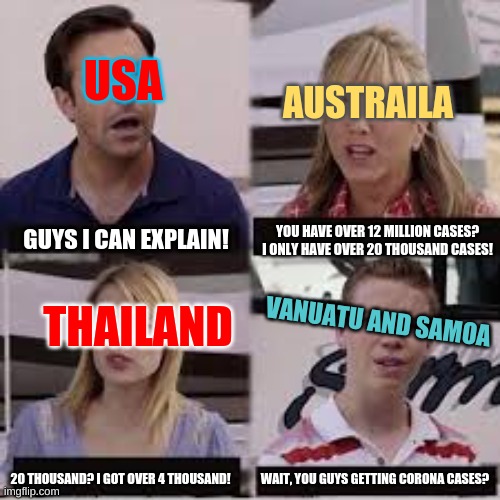 Wait, you guys have corona cases? | USA; AUSTRAILA; YOU HAVE OVER 12 MILLION CASES? I ONLY HAVE OVER 20 THOUSAND CASES! GUYS I CAN EXPLAIN! THAILAND; VANUATU AND SAMOA; WAIT, YOU GUYS GETTING CORONA CASES? 20 THOUSAND? I GOT OVER 4 THOUSAND! | image tagged in coronavirus | made w/ Imgflip meme maker