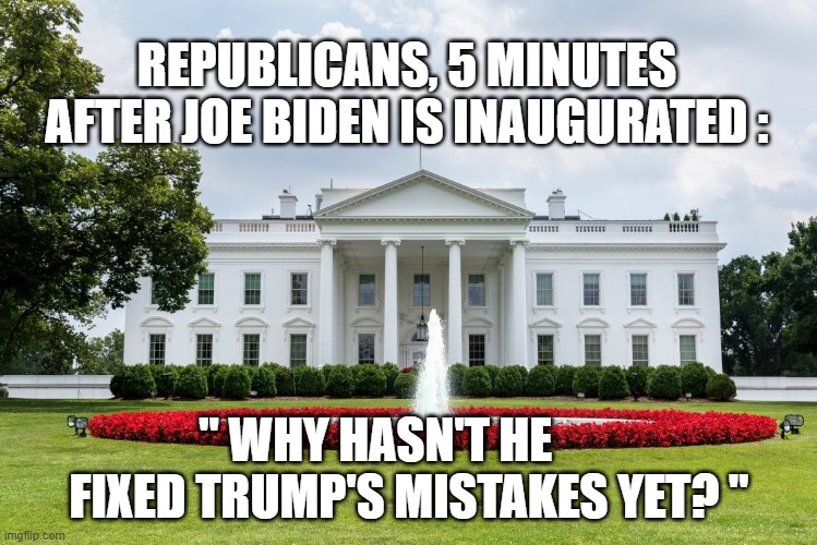 REPUBLICANS, 5 MINUTES AFTER JOE BIDEN IS INAUGURATED :; " WHY HASN'T HE       
FIXED TRUMP'S MISTAKES YET? " | image tagged in republicans,joe biden | made w/ Imgflip meme maker