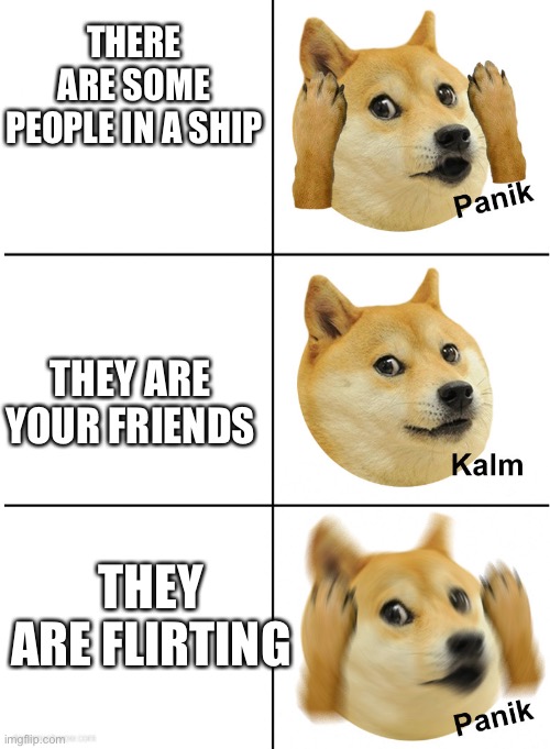 No one: me: | THERE ARE SOME PEOPLE IN A SHIP; THEY ARE YOUR FRIENDS; THEY ARE FLIRTING | image tagged in panik kalm panik doge | made w/ Imgflip meme maker