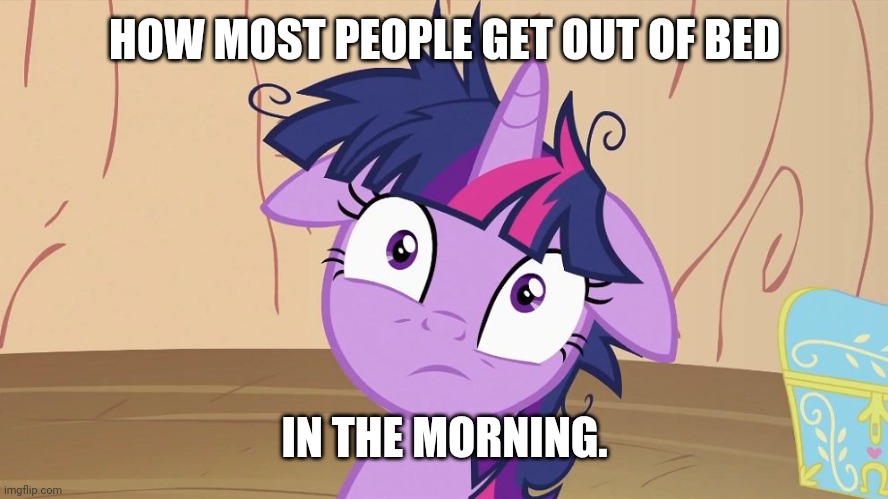 Twilight Sparkle Just Got Out Of Bed | HOW MOST PEOPLE GET OUT OF BED; IN THE MORNING. | image tagged in messy twilight sparkle,twilight sparkle,my little pony friendship is magic | made w/ Imgflip meme maker