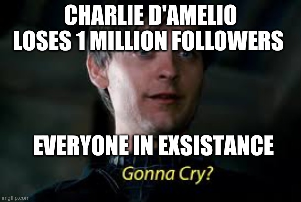 Gonna Cry? | CHARLIE D'AMELIO LOSES 1 MILLION FOLLOWERS; EVERYONE IN EXSISTANCE | image tagged in gonna cry | made w/ Imgflip meme maker