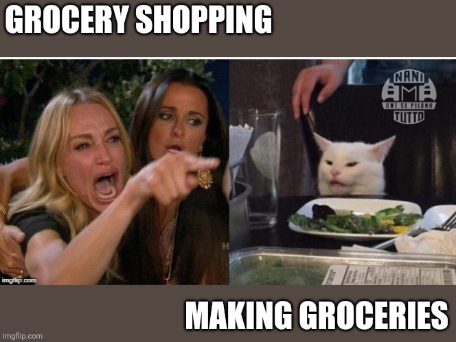 white cat table | GROCERY SHOPPING; MAKING GROCERIES | image tagged in white cat table | made w/ Imgflip meme maker