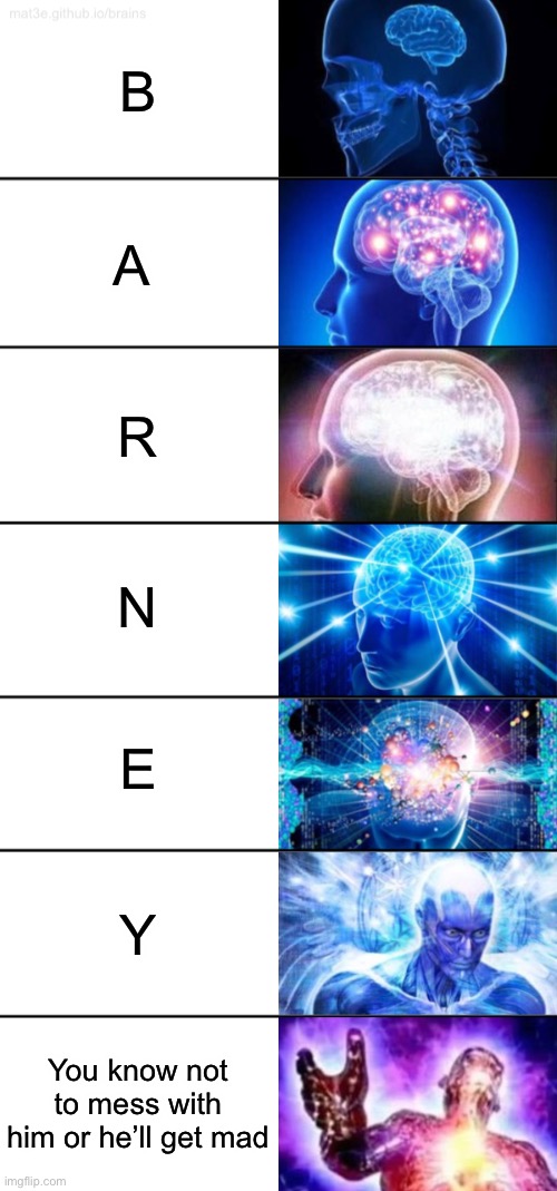 7-Tier Expanding Brain | B; A; R; N; E; Y; You know not to mess with him or he’ll get mad | image tagged in 7-tier expanding brain | made w/ Imgflip meme maker