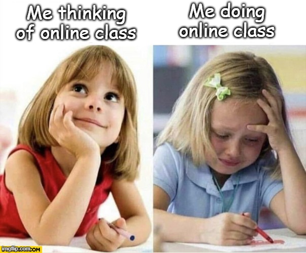 Regrets... | Me doing online class; Me thinking of online class | image tagged in me thinking of me doing | made w/ Imgflip meme maker