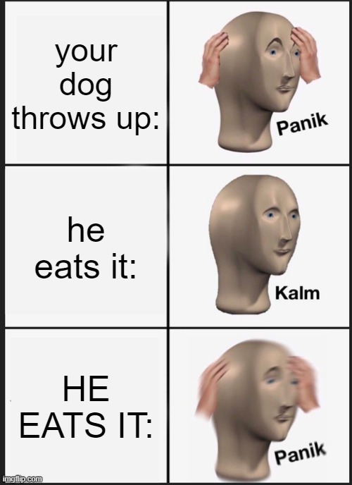 Panik Kalm Panik Meme | your dog throws up:; he eats it:; HE EATS IT: | image tagged in memes,panik kalm panik | made w/ Imgflip meme maker