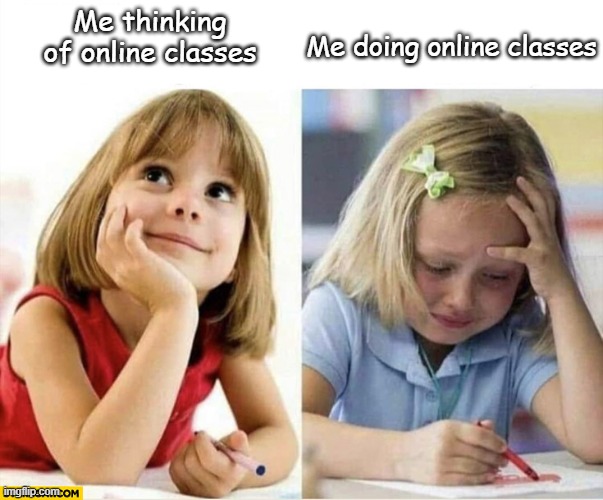 Instant regrets... | Me thinking of online classes; Me doing online classes | image tagged in me thinking of me doing | made w/ Imgflip meme maker