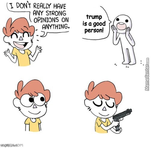 i dont really have any strong opinions. but... |  trump is a good person! | image tagged in i dont really have any strong opinions | made w/ Imgflip meme maker