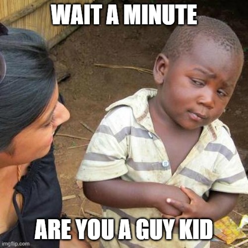 Third World Skeptical Kid | WAIT A MINUTE; ARE YOU A GUY KID | image tagged in memes,third world skeptical kid | made w/ Imgflip meme maker