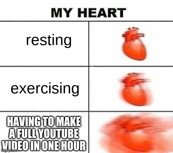 me and Youtube | resting; exercising; HAVING TO MAKE A FULL YOUTUBE VIDEO IN ONE HOUR | image tagged in my heart blank | made w/ Imgflip meme maker