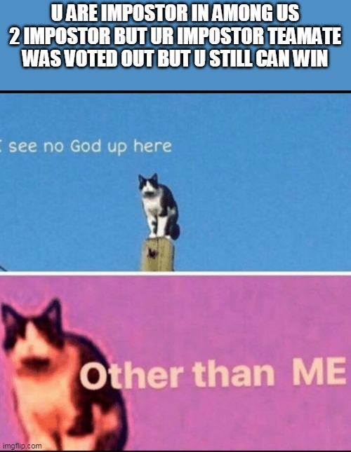 I see no god up here other than me | U ARE IMPOSTOR IN AMONG US 2 IMPOSTOR BUT UR IMPOSTOR TEAMATE WAS VOTED OUT BUT U STILL CAN WIN | image tagged in i see no god up here other than me | made w/ Imgflip meme maker