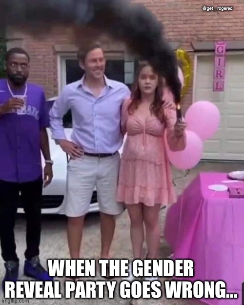 Gender reveal gone wrong |  @get_rogered; WHEN THE GENDER REVEAL PARTY GOES WRONG... | image tagged in gender | made w/ Imgflip meme maker