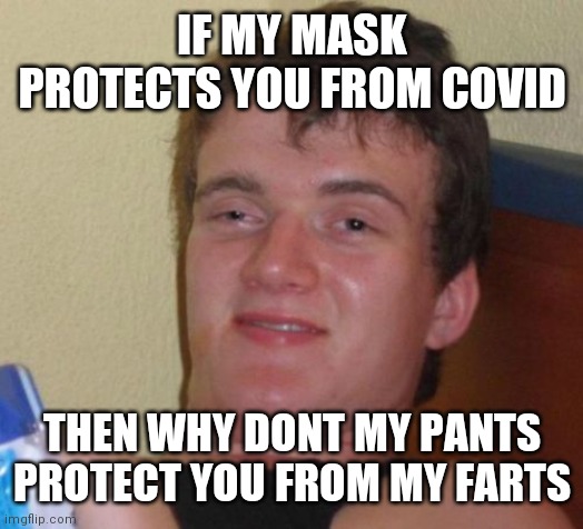 10 Guy Meme |  IF MY MASK PROTECTS YOU FROM COVID; THEN WHY DONT MY PANTS PROTECT YOU FROM MY FARTS | image tagged in memes,10 guy | made w/ Imgflip meme maker
