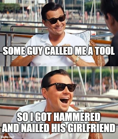Leonardo Dicaprio Wolf Of Wall Street Meme | SOME GUY CALLED ME A TOOL; SO I GOT HAMMERED AND NAILED HIS GIRLFRIEND | image tagged in memes,leonardo dicaprio wolf of wall street | made w/ Imgflip meme maker