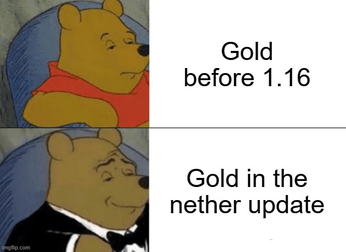 Tuxedo Winnie The Pooh Meme | Gold before 1.16; Gold in the nether update | image tagged in memes,tuxedo winnie the pooh | made w/ Imgflip meme maker