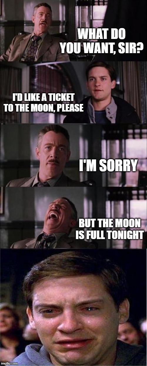 Any of you get it...? Huh? Huh? | WHAT DO YOU WANT, SIR? I'D LIKE A TICKET TO THE MOON, PLEASE; I'M SORRY; BUT THE MOON IS FULL TONIGHT | image tagged in memes,peter parker cry | made w/ Imgflip meme maker