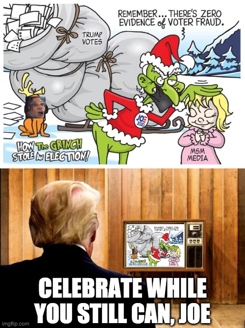 Declaring victory ain't gonna help you when the dust settles, Joe. | CELEBRATE WHILE YOU STILL CAN, JOE | image tagged in memes,politics,donald trump,joe biden,election fraud,grinch | made w/ Imgflip meme maker