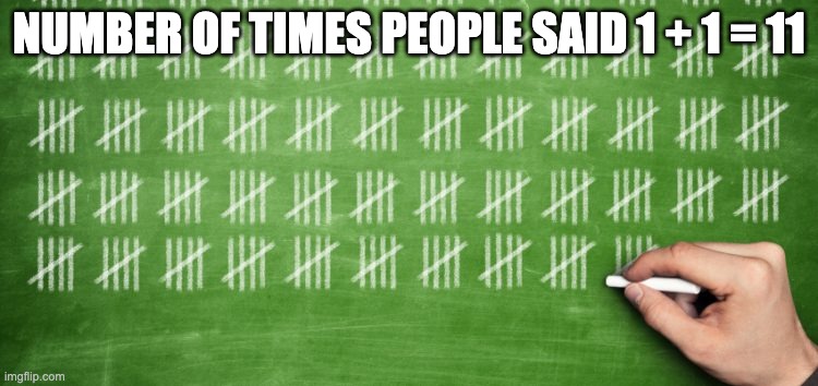 Chalkboard Tally | NUMBER OF TIMES PEOPLE SAID 1 + 1 = 11 | image tagged in chalkboard tally | made w/ Imgflip meme maker