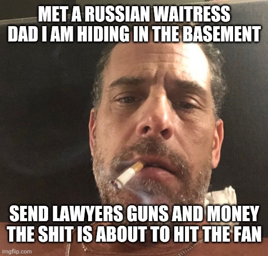Hunter Biden | MET A RUSSIAN WAITRESS DAD I AM HIDING IN THE BASEMENT; SEND LAWYERS GUNS AND MONEY THE SHIT IS ABOUT TO HIT THE FAN | image tagged in hunter biden | made w/ Imgflip meme maker