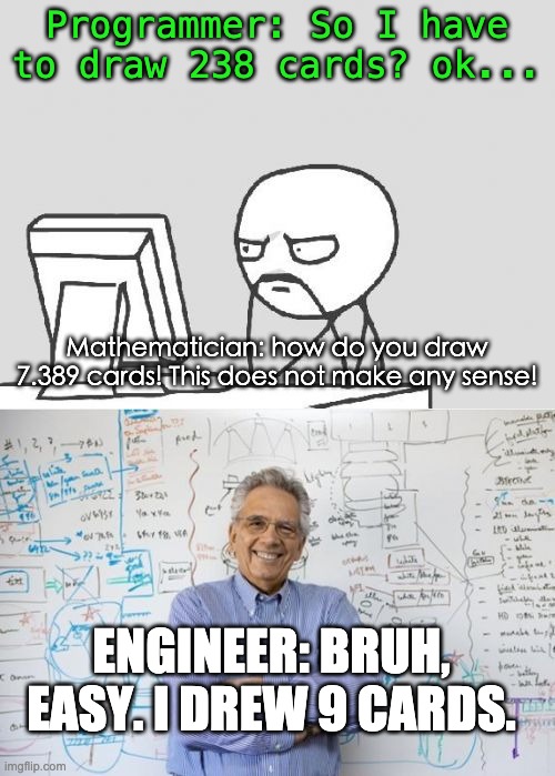 Programmer: So I have to draw 238 cards? ok... Mathematician: how do you draw 7.389 cards! This does not make any sense! ENGINEER: BRUH, EAS | image tagged in memes,computer guy,engineering professor | made w/ Imgflip meme maker