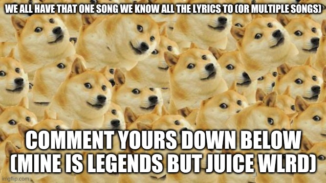 I know the lyrics to other songs, but legends is my fav. | WE ALL HAVE THAT ONE SONG WE KNOW ALL THE LYRICS TO (OR MULTIPLE SONGS); COMMENT YOURS DOWN BELOW (MINE IS LEGENDS BUT JUICE WLRD) | image tagged in memes,multi doge | made w/ Imgflip meme maker