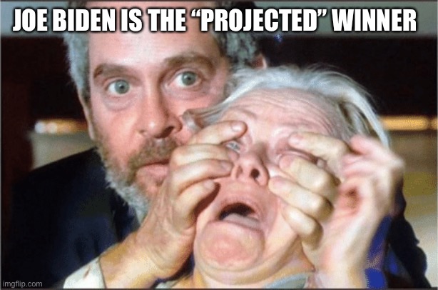 Joe Biden wins...projectedly? | JOE BIDEN IS THE “PROJECTED” WINNER | image tagged in bird box eyes open | made w/ Imgflip meme maker