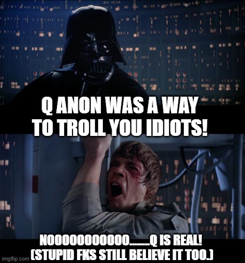 Q ANON IS ABOUT AS REAL AS THE CHRISTMAS TALKING POO. | Q ANON WAS A WAY TO TROLL YOU IDIOTS! NOOOOOOOOOOO........Q IS REAL!  (STUPID FKS STILL BELIEVE IT TOO.) | image tagged in memes,star wars no | made w/ Imgflip meme maker