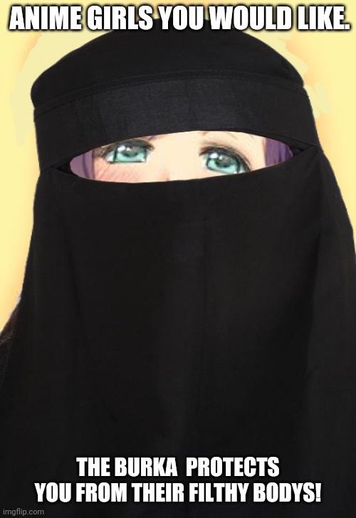 Showing flesh is haram! | ANIME GIRLS YOU WOULD LIKE. THE BURKA  PROTECTS YOU FROM THEIR FILTHY BODYS! | image tagged in haram,cover up you whore,this burka is for your protection not just mine,anti anime,hentai,haters | made w/ Imgflip meme maker
