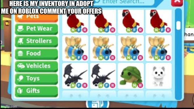roblox | HERE IS MY INVENTORY IN ADOPT ME ON ROBLOX COMMENT YOUR OFFERS | image tagged in adoption | made w/ Imgflip meme maker