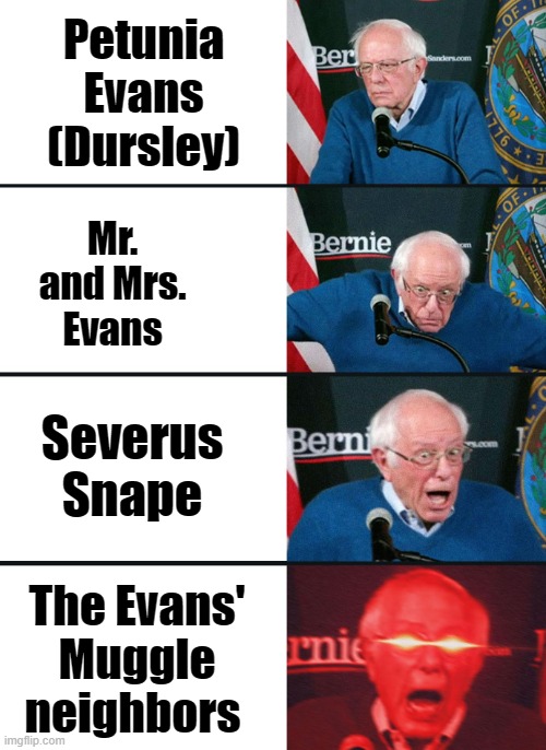 Lily Evans, a Muggle-born witch, gets a letter from Hogwarts. | Petunia Evans (Dursley); Mr. and Mrs. Evans; Severus Snape; The Evans' Muggle neighbors | image tagged in bernie sanders reaction nuked | made w/ Imgflip meme maker