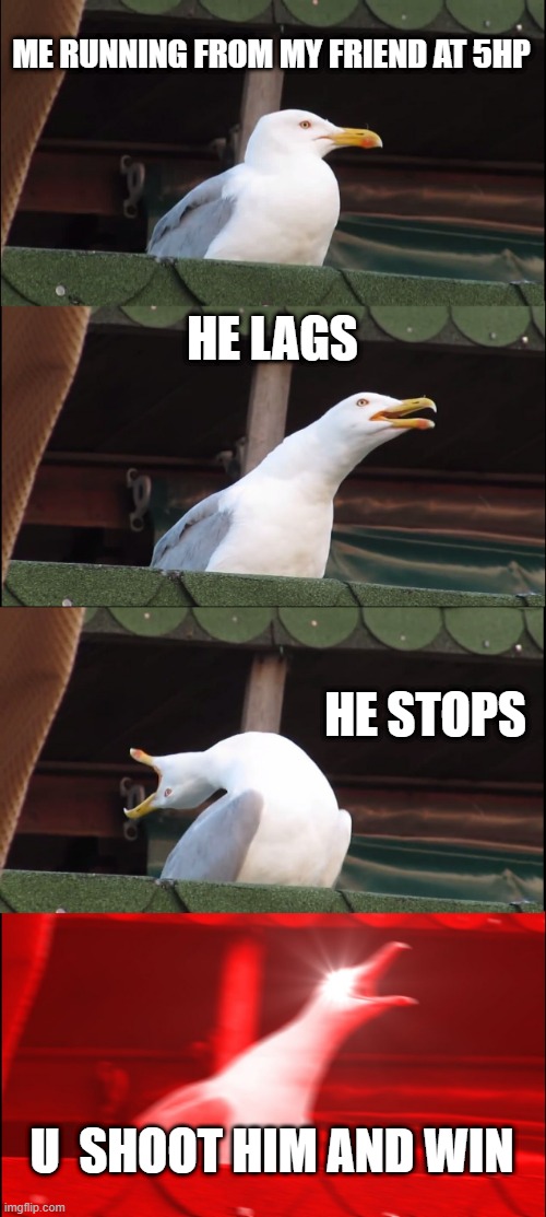 Inhaling Seagull | ME RUNNING FROM MY FRIEND AT 5HP; HE LAGS; HE STOPS; U  SHOOT HIM AND WIN | image tagged in memes,inhaling seagull | made w/ Imgflip meme maker