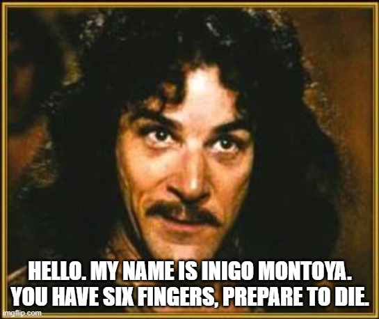 If ya know, ya know | HELLO. MY NAME IS INIGO MONTOYA. YOU HAVE SIX FINGERS, PREPARE TO DIE. | image tagged in princess bride | made w/ Imgflip meme maker