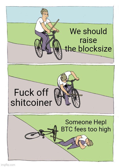 Bike Fall Meme | We should raise the blocksize; Fuck off shitcoiner; Someone Hepl BTC fees too high | image tagged in memes,bike fall,btc | made w/ Imgflip meme maker