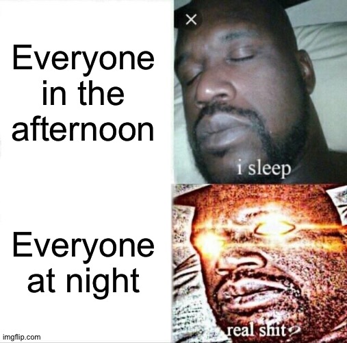 . | Everyone in the afternoon; Everyone at night | image tagged in memes,sleeping shaq | made w/ Imgflip meme maker