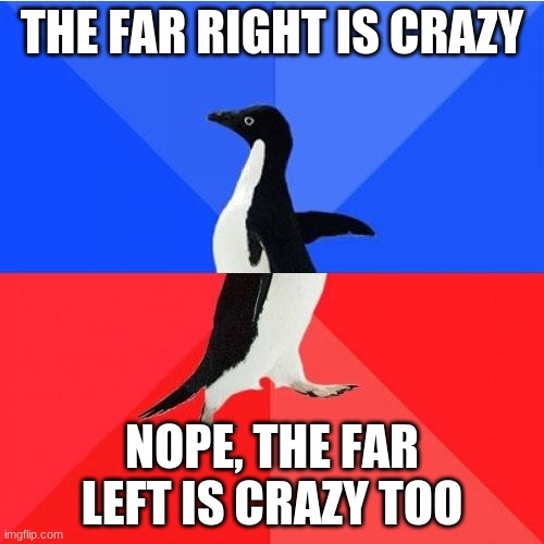 Let's meet in the middle | THE FAR RIGHT IS CRAZY; NOPE, THE FAR LEFT IS CRAZY TOO | image tagged in memes,socially awkward awesome penguin,civillity,responsibility | made w/ Imgflip meme maker