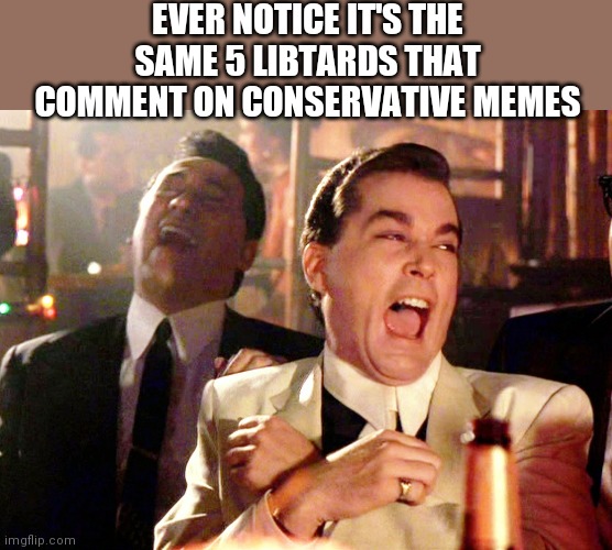 Good Fellas Hilarious | EVER NOTICE IT'S THE SAME 5 LIBTARDS THAT COMMENT ON CONSERVATIVE MEMES | image tagged in memes,good fellas hilarious | made w/ Imgflip meme maker
