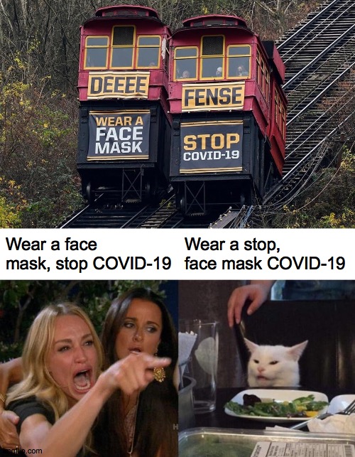 What is it really tho?? | Wear a face mask, stop COVID-19; Wear a stop, face mask COVID-19 | image tagged in memes,woman yelling at cat | made w/ Imgflip meme maker