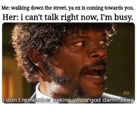 Ex partner | Me: walking down the street, ya ex is coming towards you. Her: i can't talk right now, I'm busy. | image tagged in ex wife | made w/ Imgflip meme maker