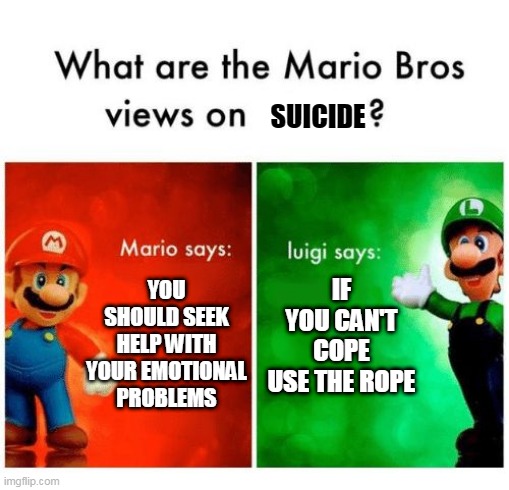 Mario says Luigi says | SUICIDE; YOU SHOULD SEEK HELP WITH YOUR EMOTIONAL PROBLEMS; IF YOU CAN'T COPE USE THE ROPE | image tagged in mario says luigi says | made w/ Imgflip meme maker