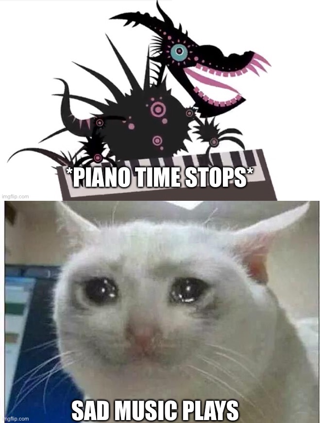 SAD MUSIC PLAYS | image tagged in piano time stops,crying cat | made w/ Imgflip meme maker